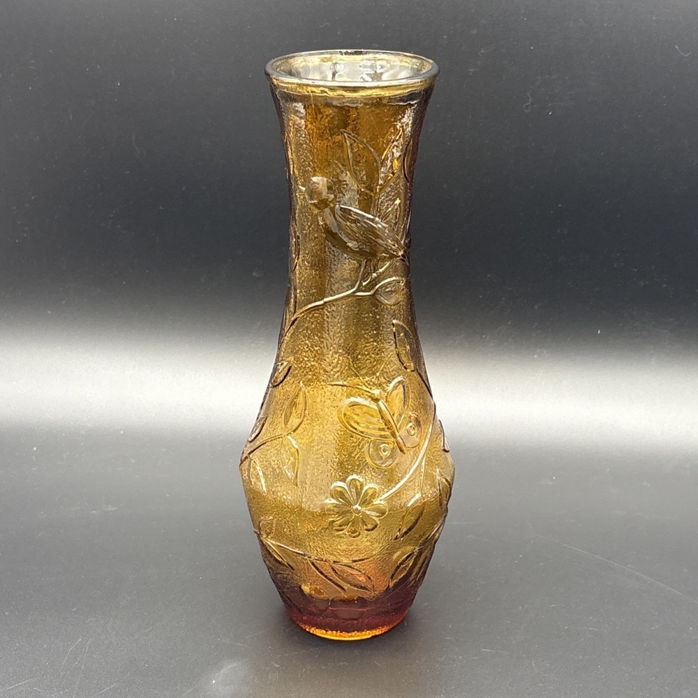 Large 11.5" Vintage Tiara Exclusives Amber Glass Butterfly Meadow Gold Vase